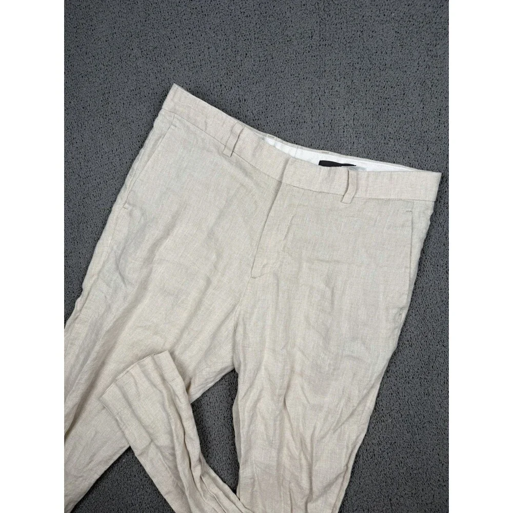 H&M Pants Mens 33x28 Beige 100% Linen Slim Straight Leg Lightweight Dress